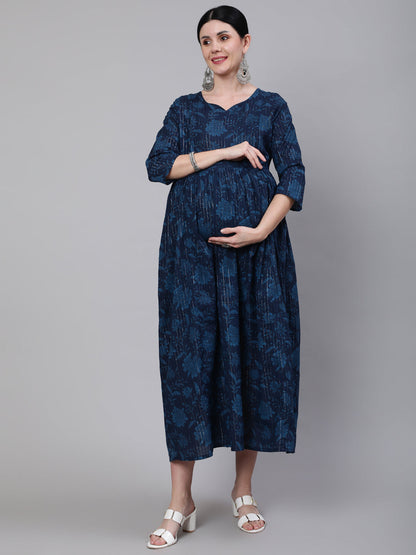 Women's Navy Blue Ethinc Printed Flared Maternity Dress