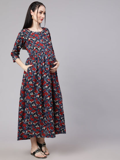 Women's Multi Ethnic Printed Flared Maternity Dress
