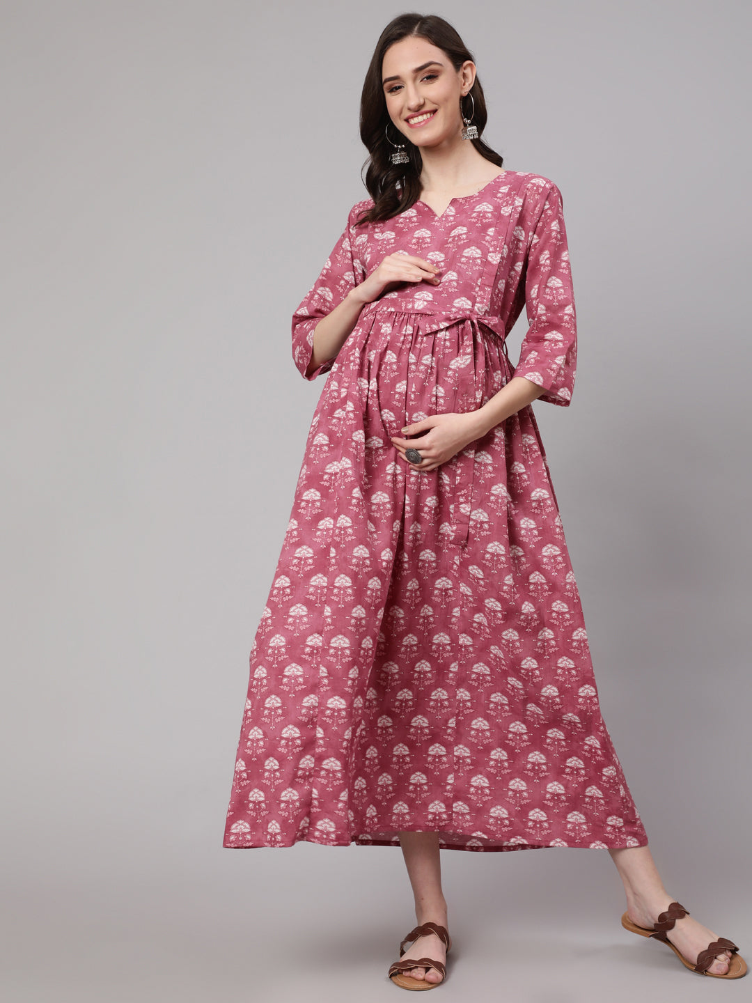 Women's Pink Floral Printed Flared Maternity Dress