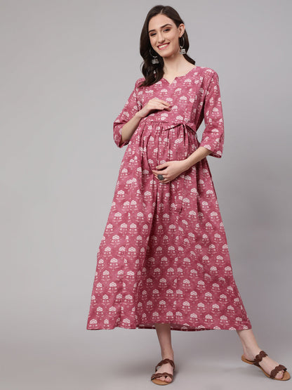 Women's Pink Floral Printed Flared Maternity Dress