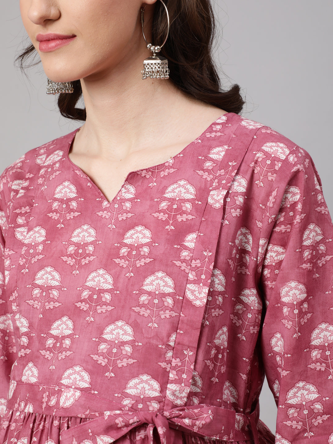Women's Pink Floral Printed Flared Maternity Dress