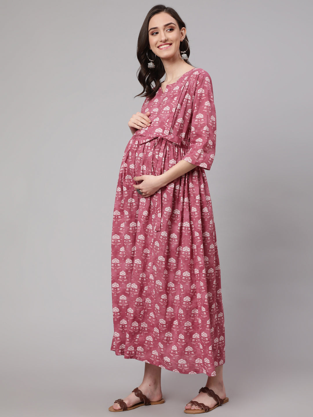 Women's Pink Floral Printed Flared Maternity Dress