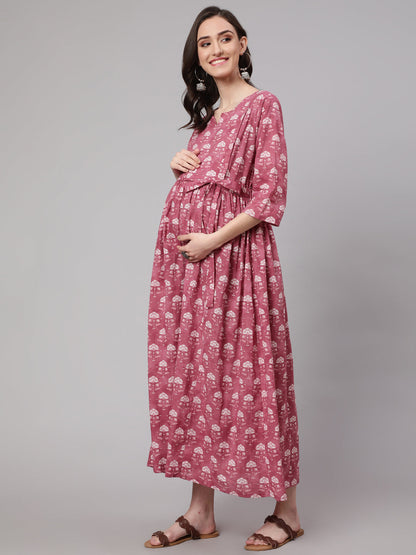 Women's Pink Floral Printed Flared Maternity Dress