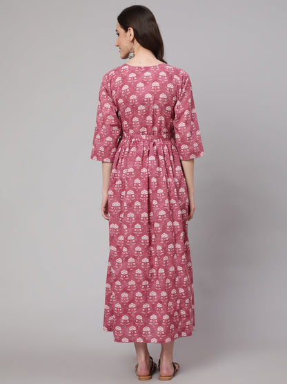 Women's Pink Floral Printed Flared Maternity Dress