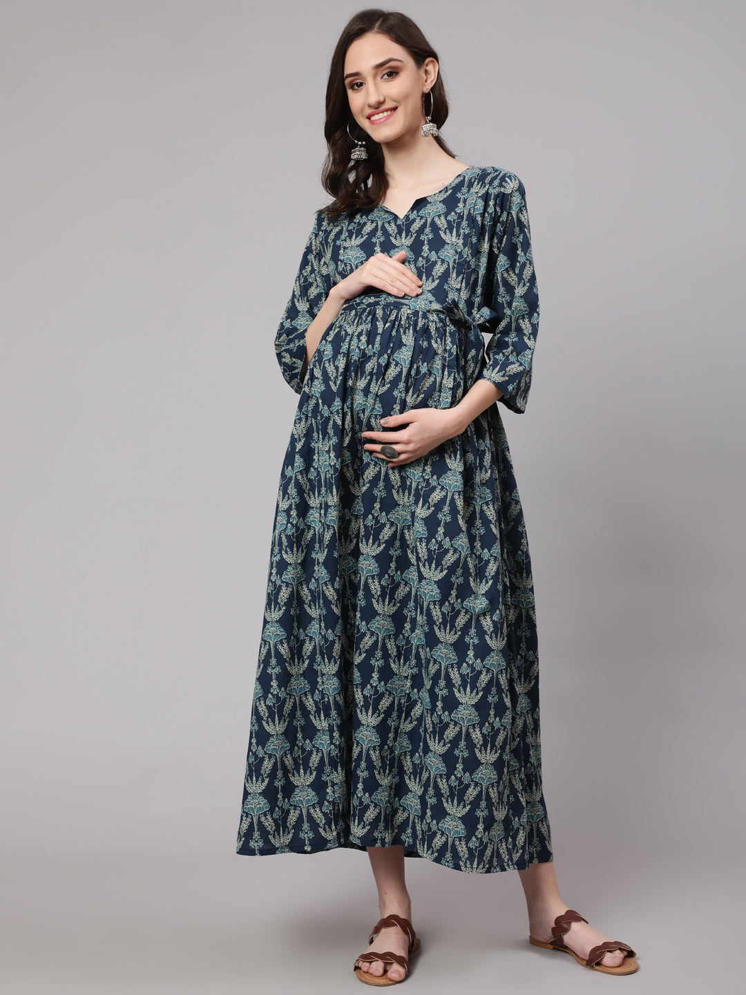 Women's Blue Printed Flared Maternity Dress