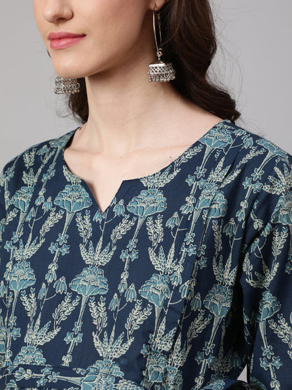 Women's Blue Printed Flared Maternity Dress