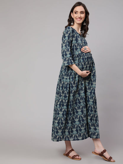 Women's Blue Printed Flared Maternity Dress