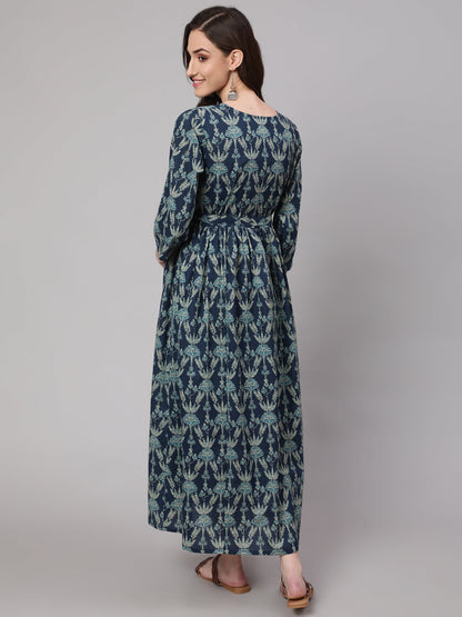 Women's Blue Printed Flared Maternity Dress