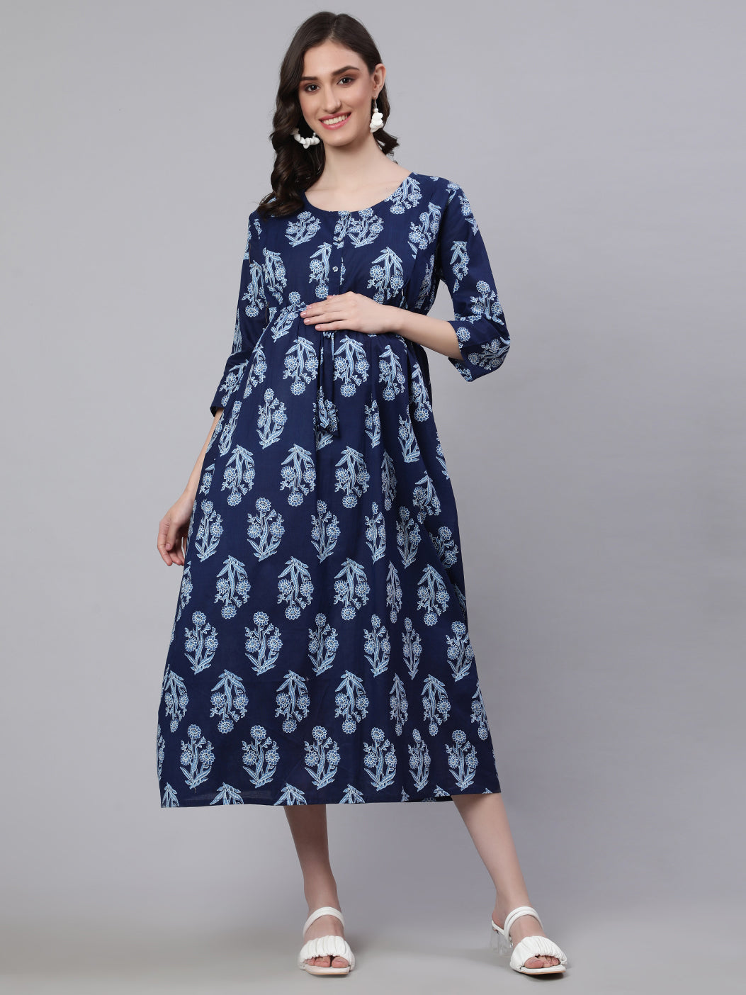 Women's Blue Printed Flared Maternity Dress