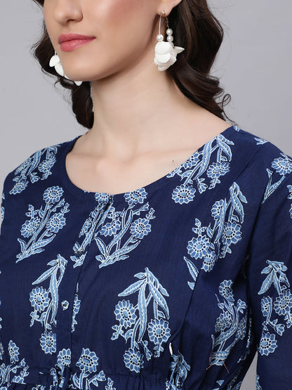 Women's Blue Printed Flared Maternity Dress