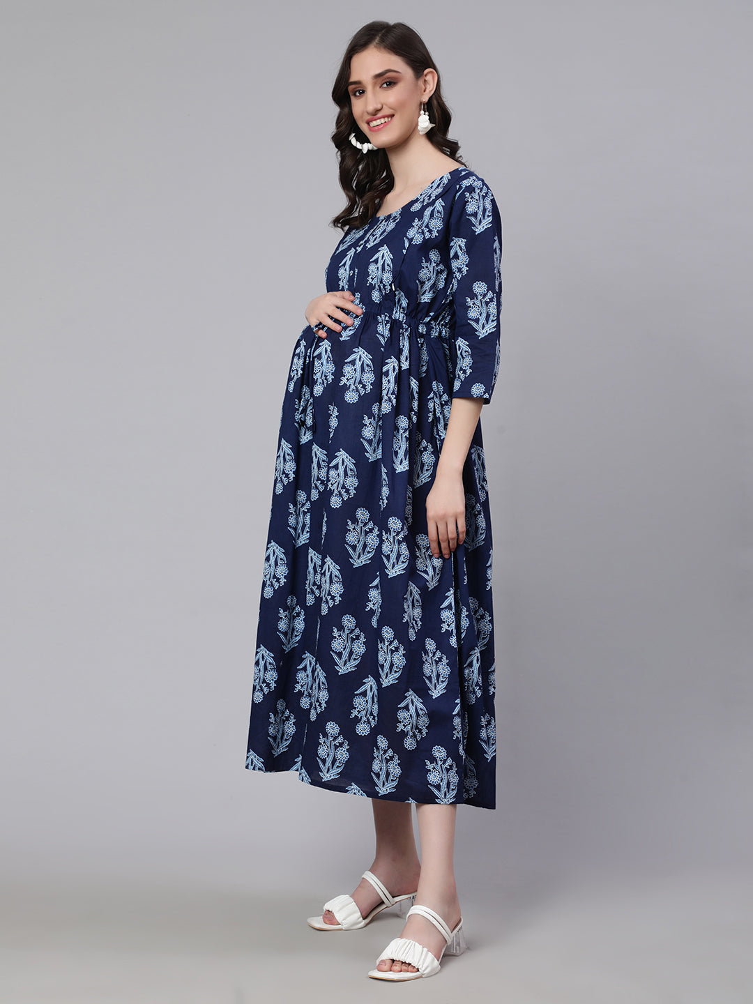 Women's Blue Printed Flared Maternity Dress