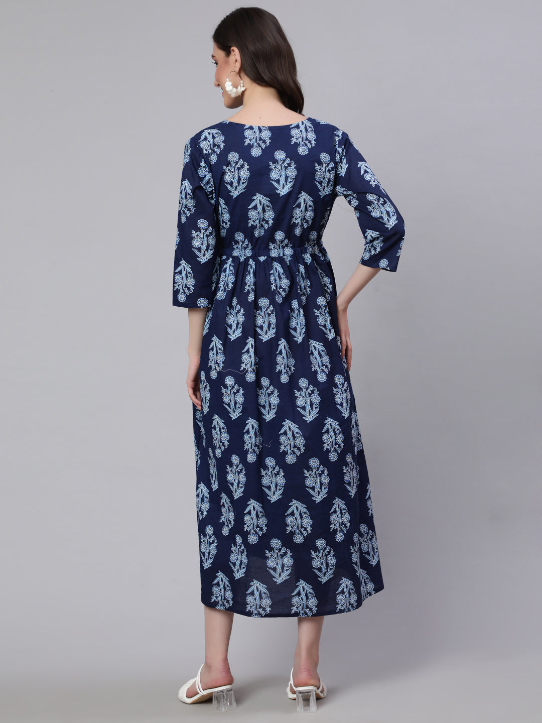 Women's Blue Printed Flared Maternity Dress