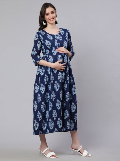 Women's Blue Printed Flared Maternity Dress