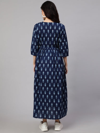 Women's Blue Floral Printed Flared Maternity Dress