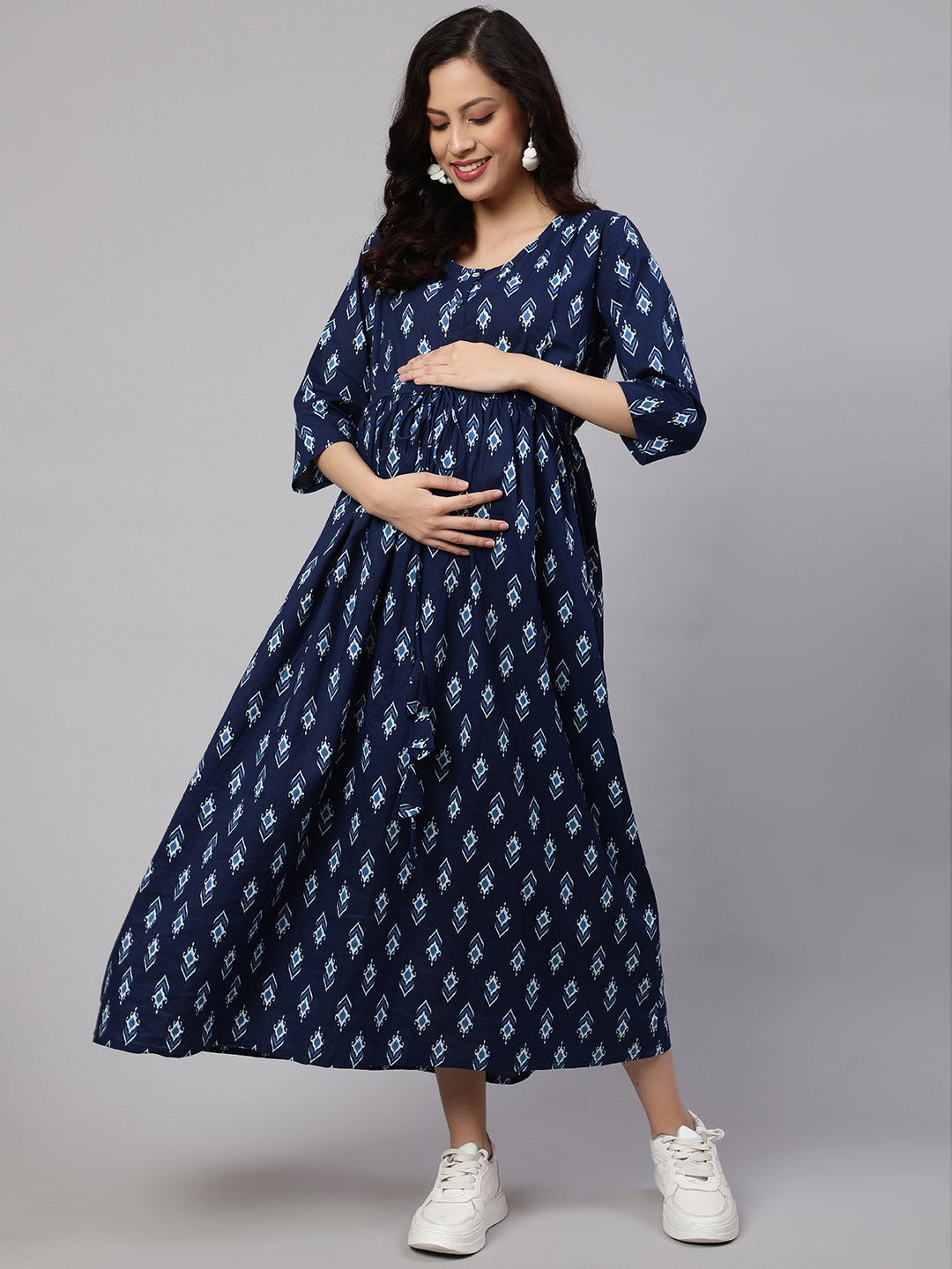 Women's Blue Floral Printed Flared Maternity Dress