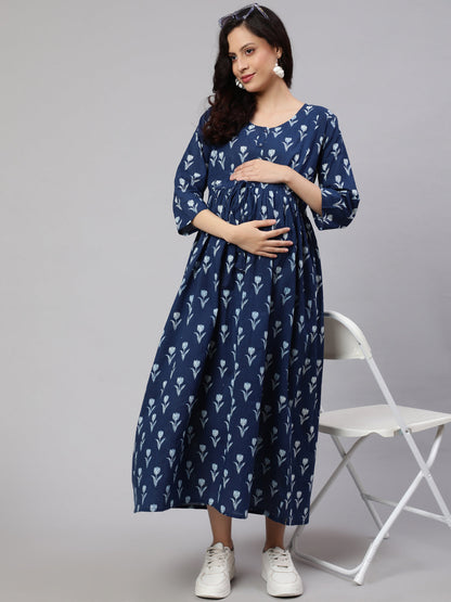 Women's Blue Floral Printed Flared Maternity Dress