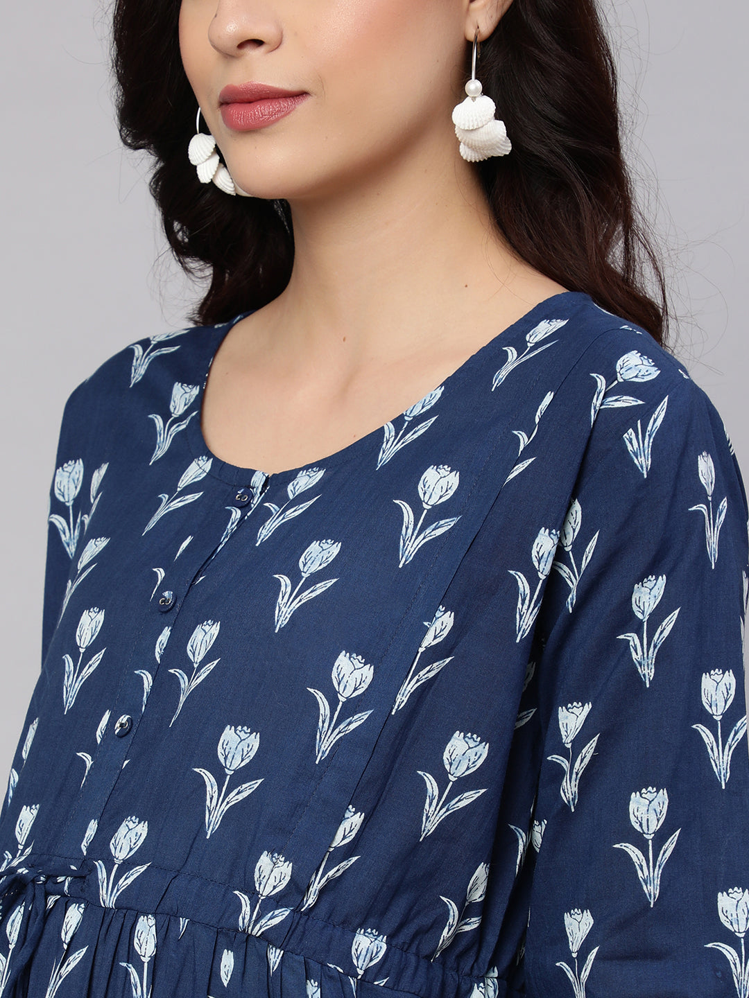 Women's Blue Floral Printed Flared Maternity Dress