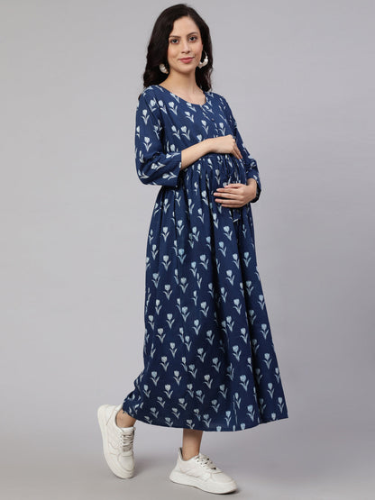Women's Blue Floral Printed Flared Maternity Dress