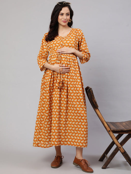 Women's Yellow Ethnic Printed Flared Maternity Dress