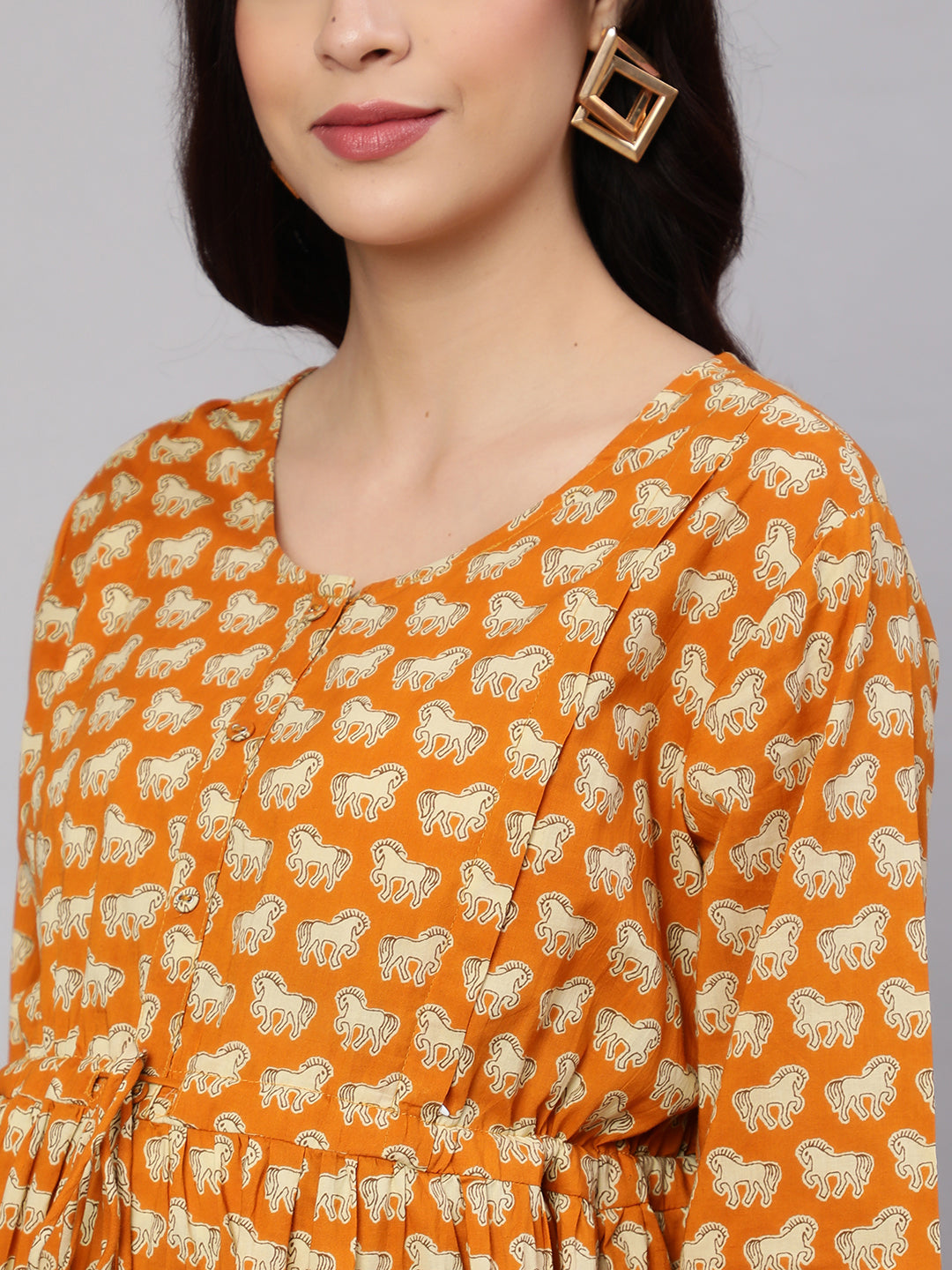 Women's Yellow Ethnic Printed Flared Maternity Dress