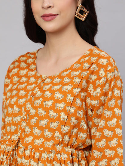 Women's Yellow Ethnic Printed Flared Maternity Dress