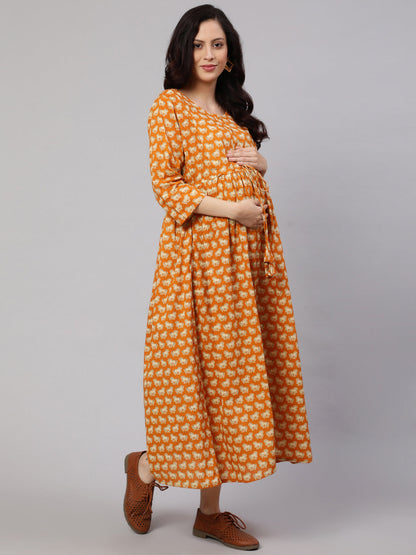 Women's Yellow Ethnic Printed Flared Maternity Dress