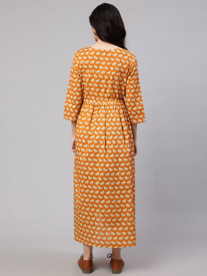 Women's Yellow Ethnic Printed Flared Maternity Dress