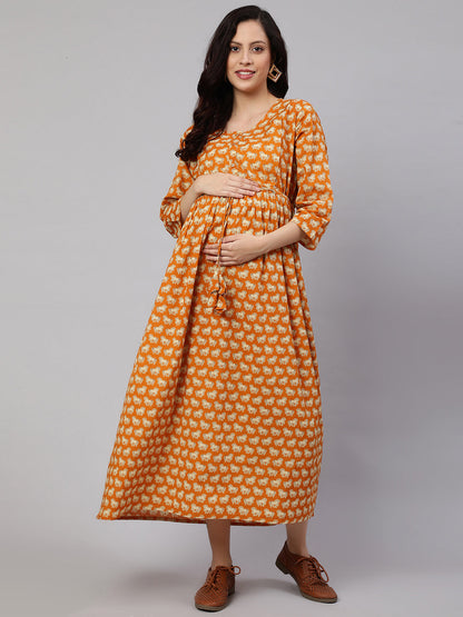 Women's Yellow Ethnic Printed Flared Maternity Dress