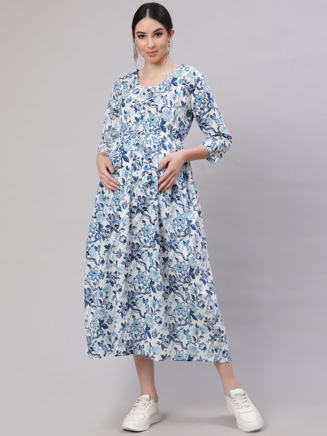 Women's Off White & Blue Floral Printed Maternity Dress With Three Quarter Sleeves