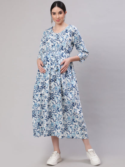 Women's Off White & Blue Floral Printed Maternity Dress With Three Quarter Sleeves