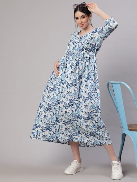 Women's Off White & Blue Floral Printed Maternity Dress With Three Quarter Sleeves