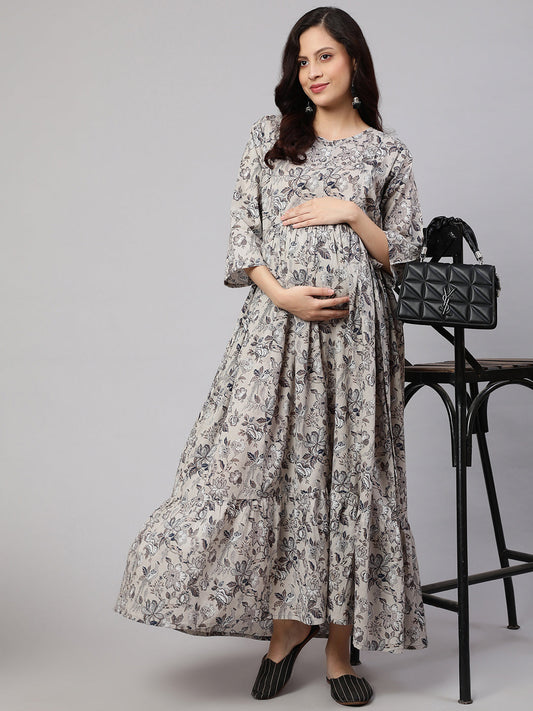 Women's Grey Printed Flared Maternity Dress