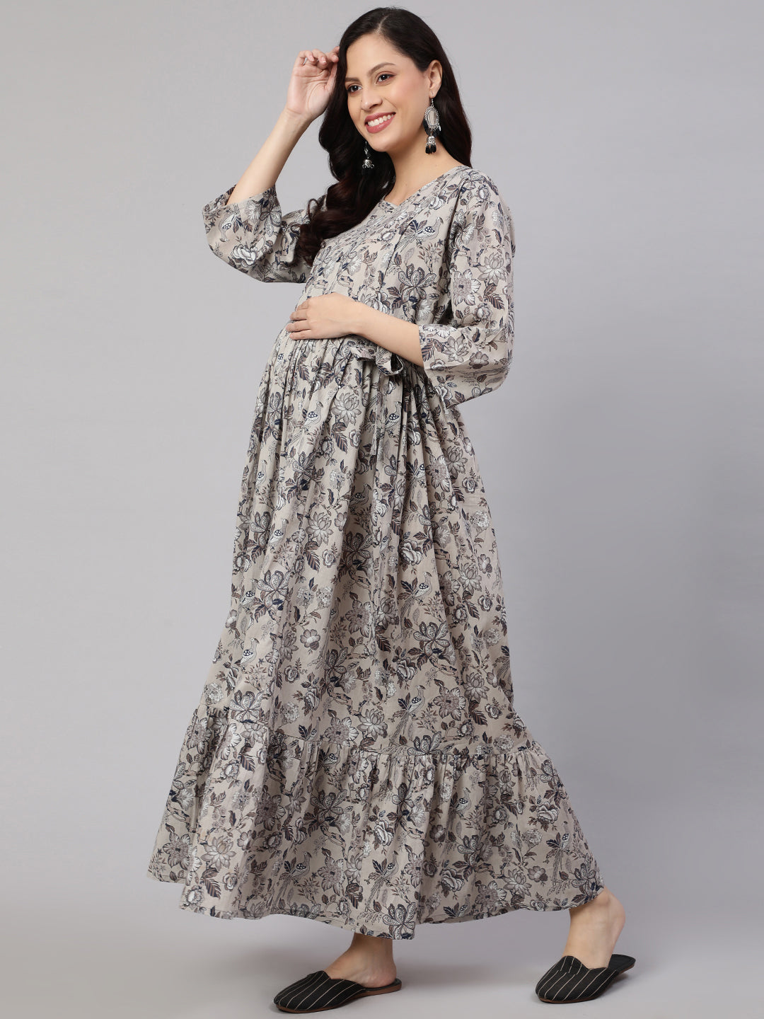 Women's Grey Printed Flared Maternity Dress