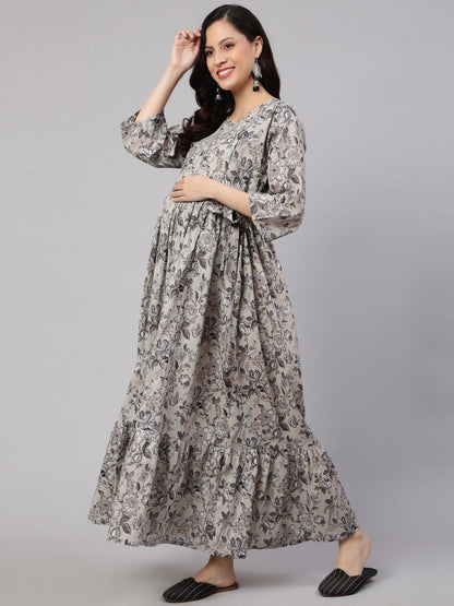 Women's Grey Printed Flared Maternity Dress