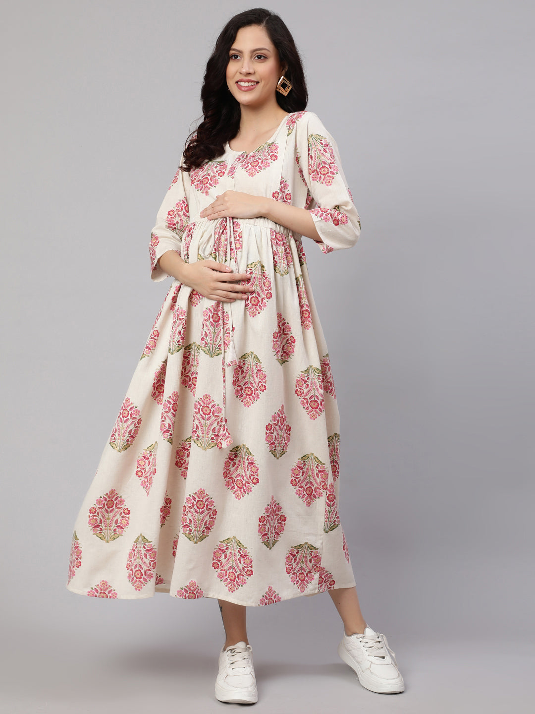 Women's Off White & Blue Floral Printed Maternity Dress With Three Quarter Sleeves