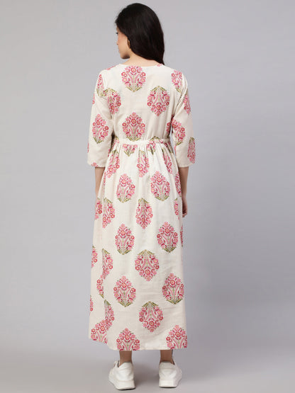 Women's Off White & Blue Floral Printed Maternity Dress With Three Quarter Sleeves