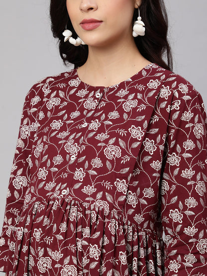 Women's Burgundy Printed Flared Maternity Dress