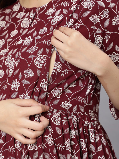 Women's Burgundy Printed Flared Maternity Dress