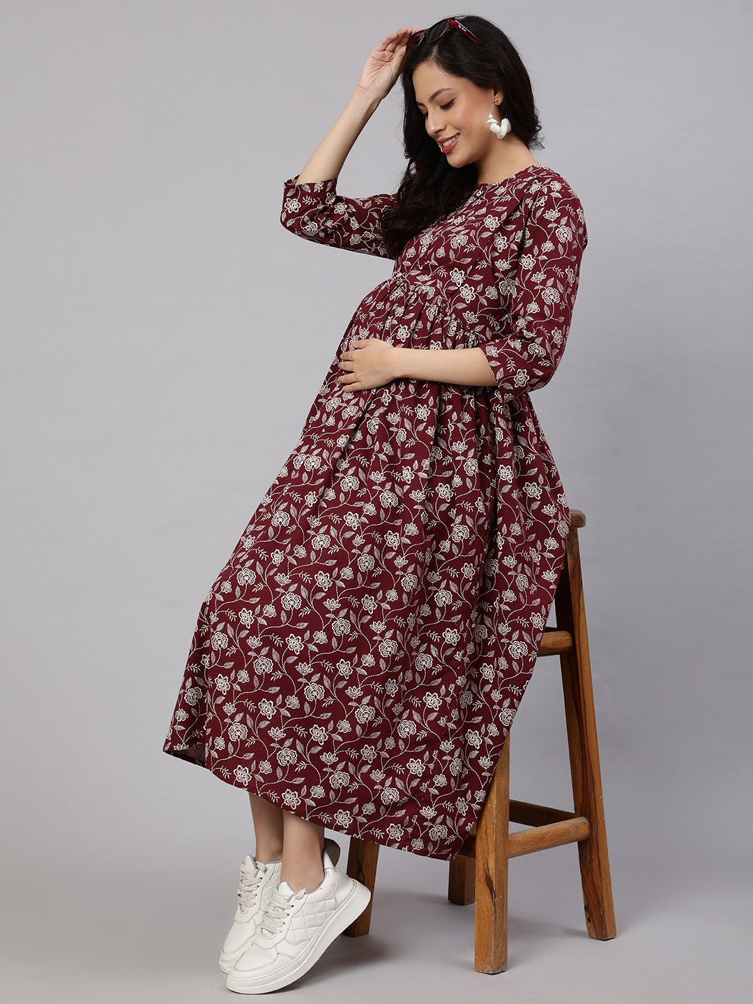 Women's Burgundy Printed Flared Maternity Dress