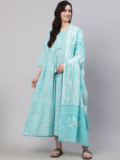 Women's Blue Floral Printed Flared Maternity Dress with Dupatta