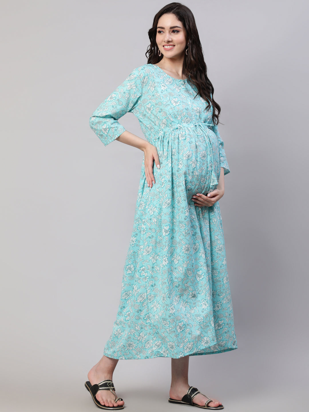 Women's Blue Floral Printed Flared Maternity Dress with Dupatta