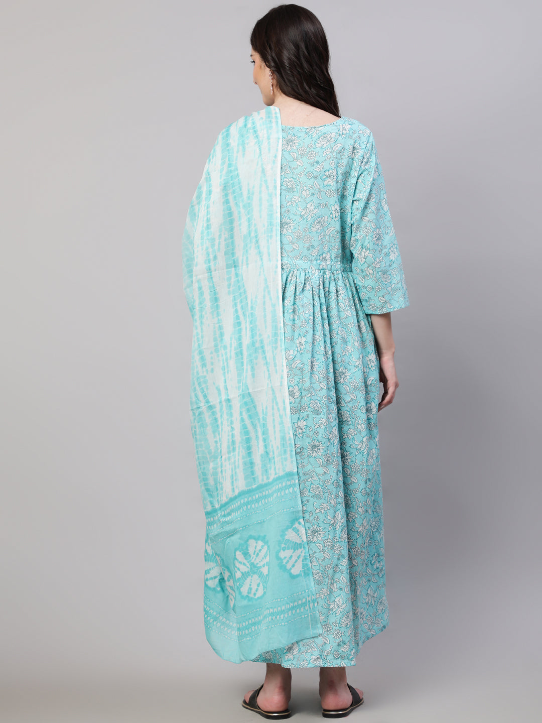 Women's Blue Floral Printed Flared Maternity Dress with Dupatta