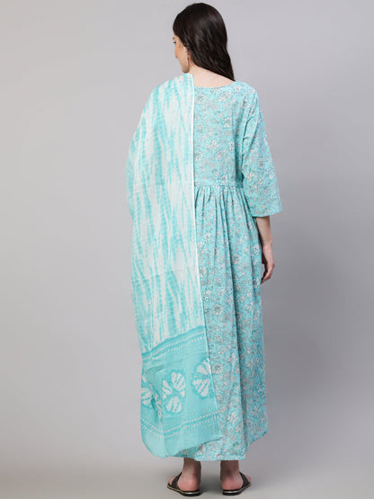 Women's Blue Floral Printed Flared Maternity Dress with Dupatta