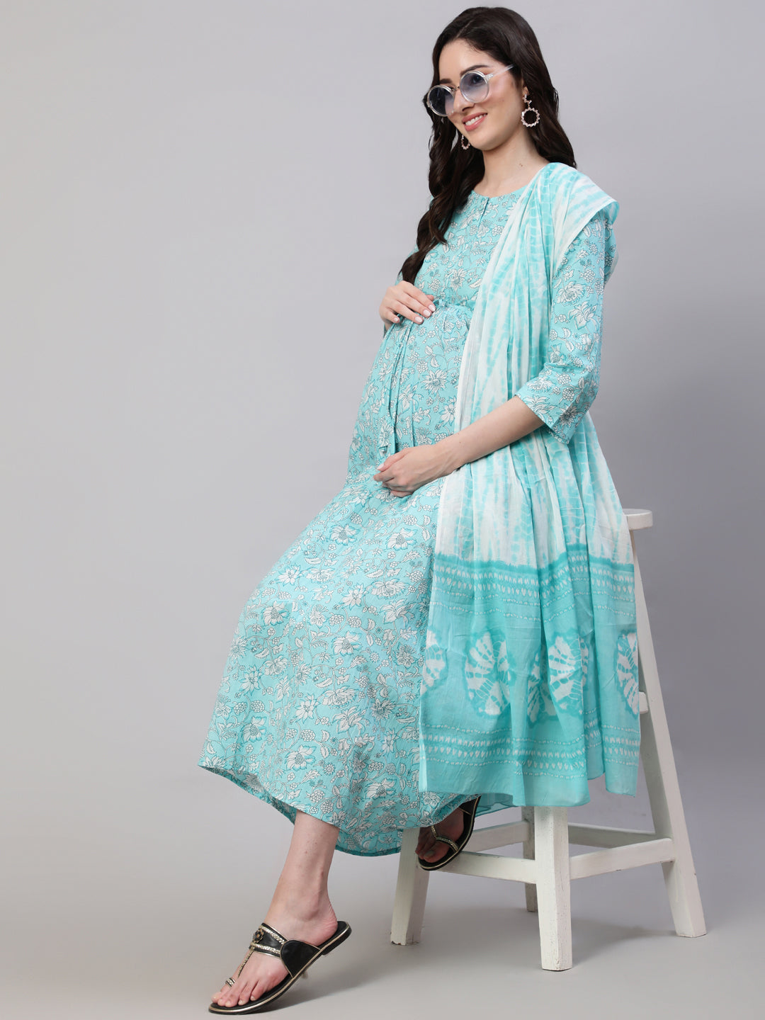 Women's Blue Floral Printed Flared Maternity Dress with Dupatta