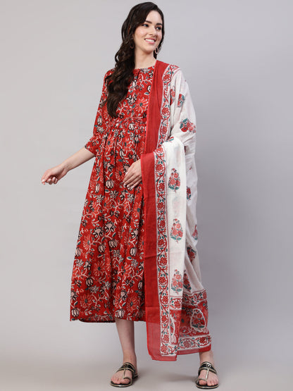 Women's Maroon Printed Flared Maternity Dress With Dupatta