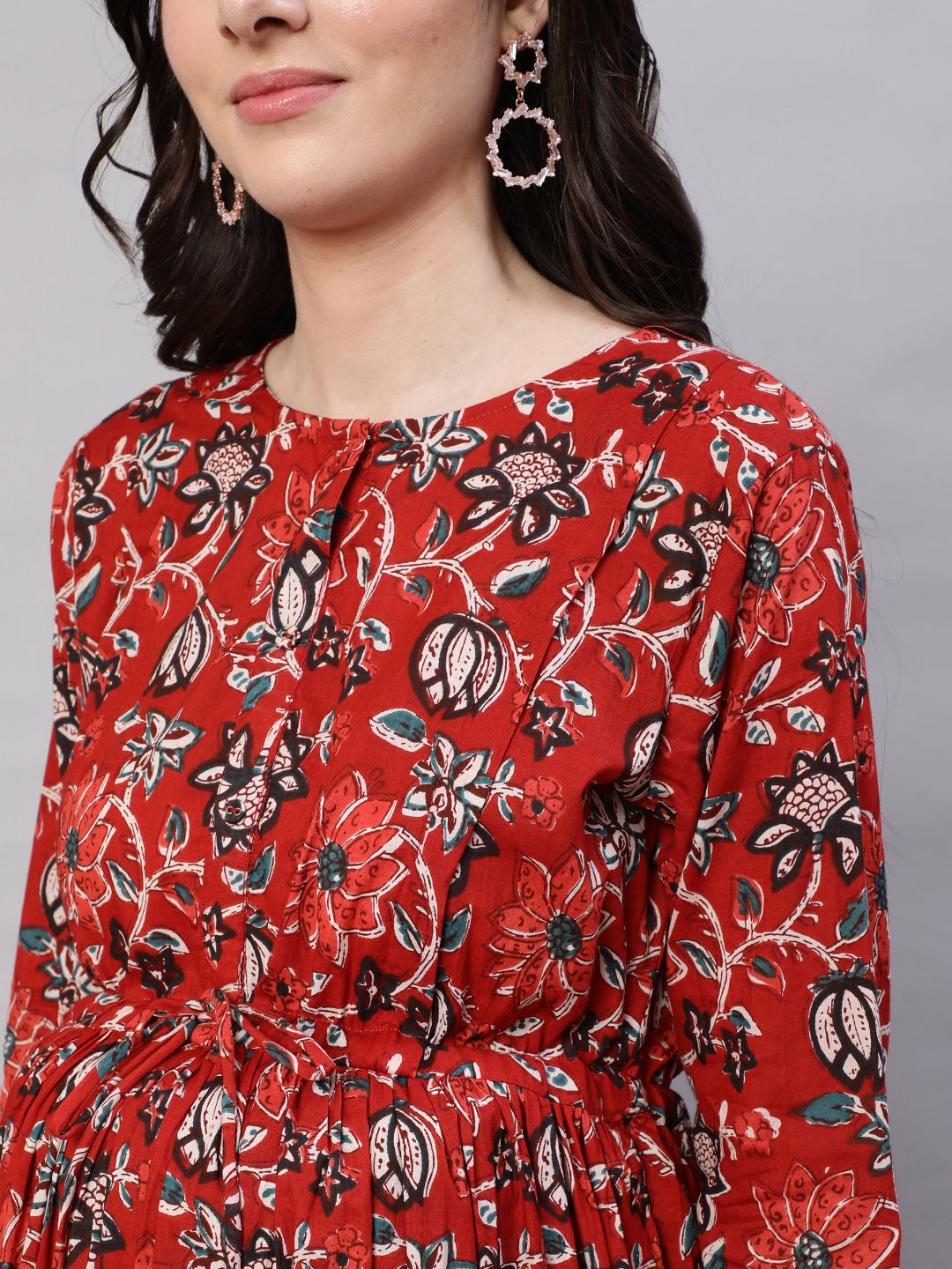Women's Maroon Printed Flared Maternity Dress With Dupatta