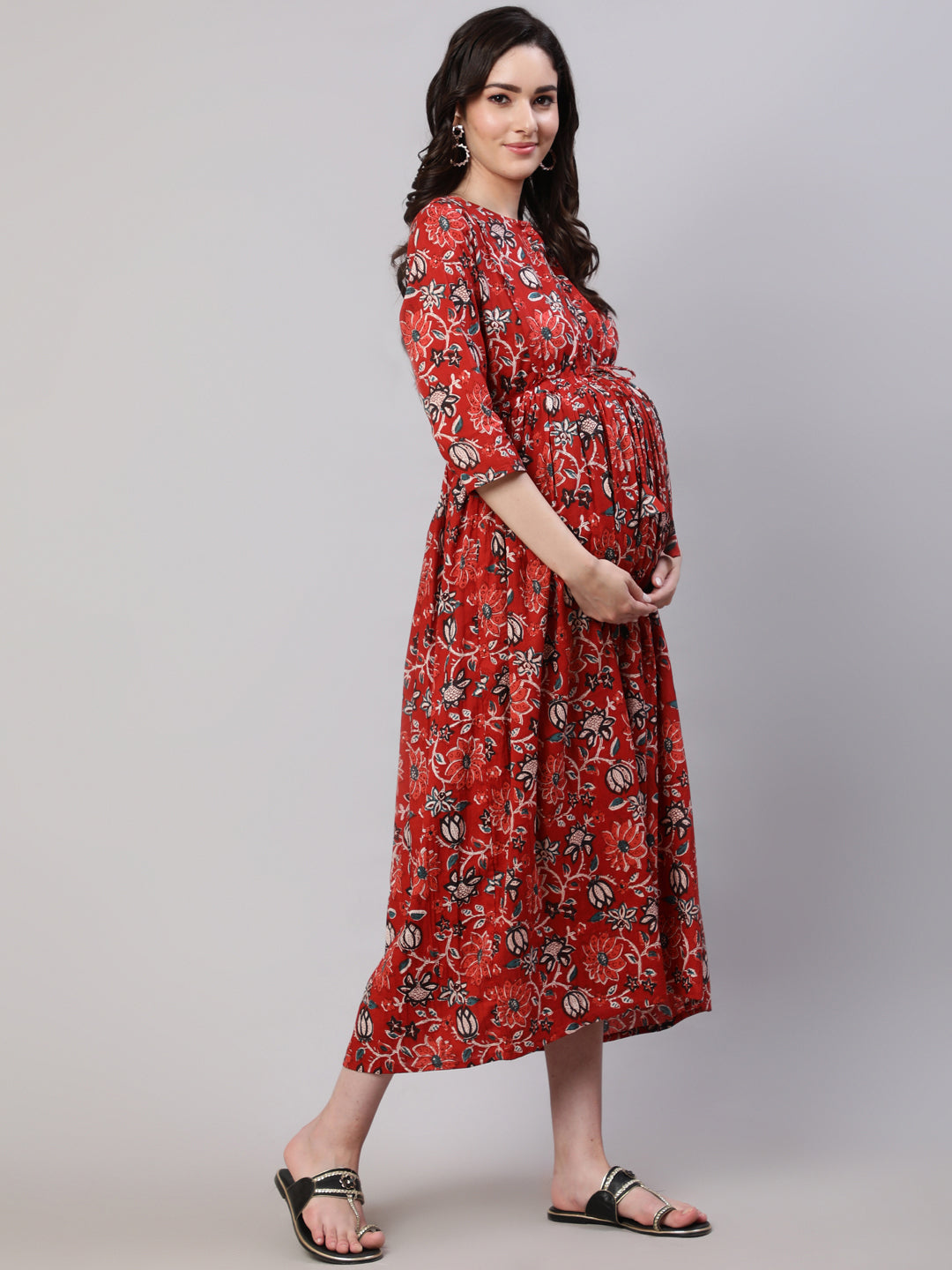 Women's Maroon Printed Flared Maternity Dress With Dupatta