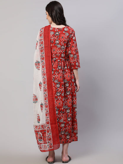 Women's Maroon Printed Flared Maternity Dress With Dupatta