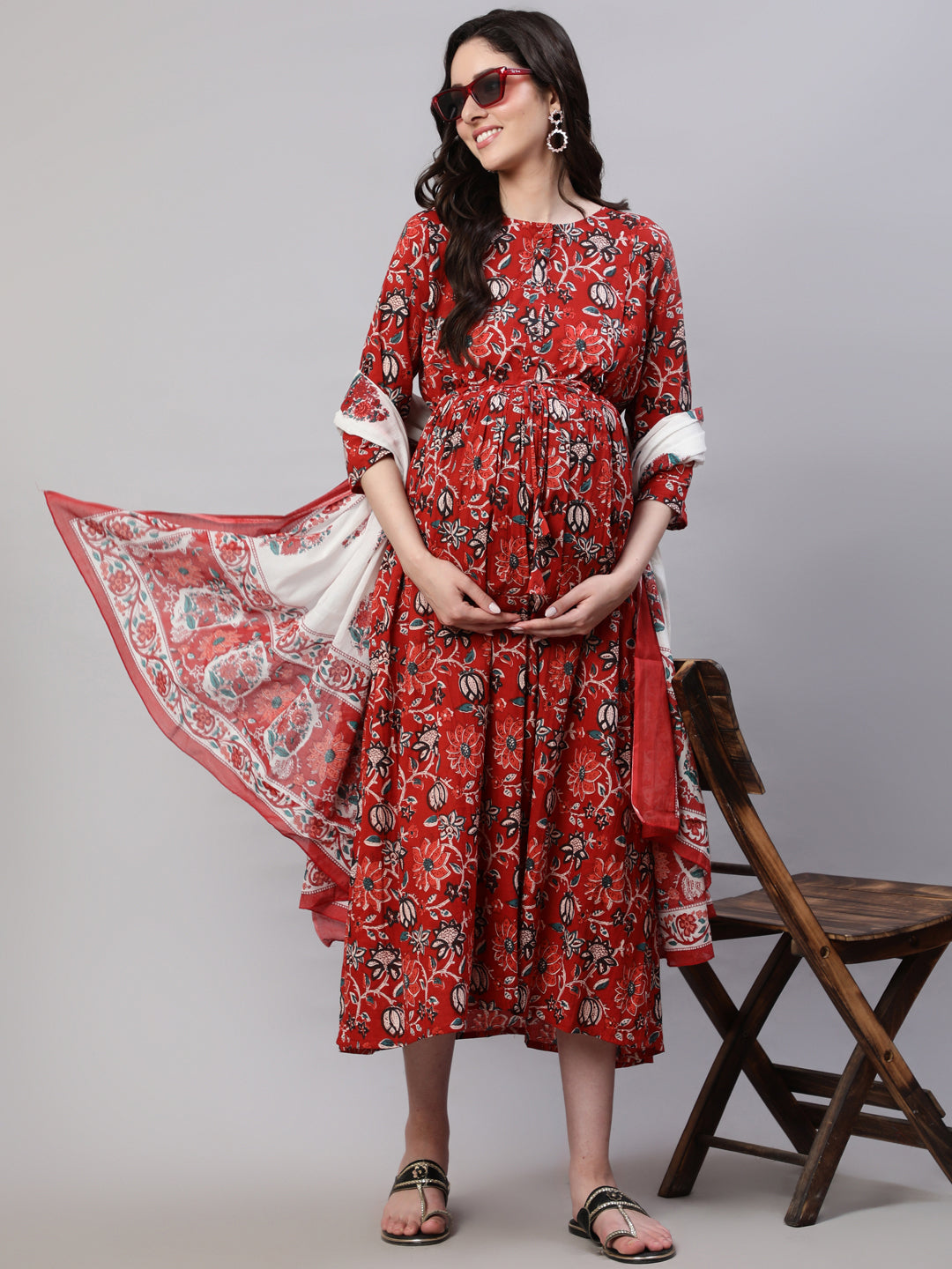Women's Maroon Printed Flared Maternity Dress With Dupatta