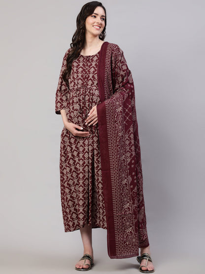 Women's Burgundy Printed Flared Maternity Dress Dupatta